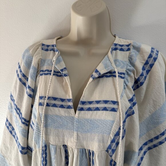 Midi Dress S / M Made in Italy Cotton Embroidered Peasant Boho Tiered White Blue - Picture 2 of 10